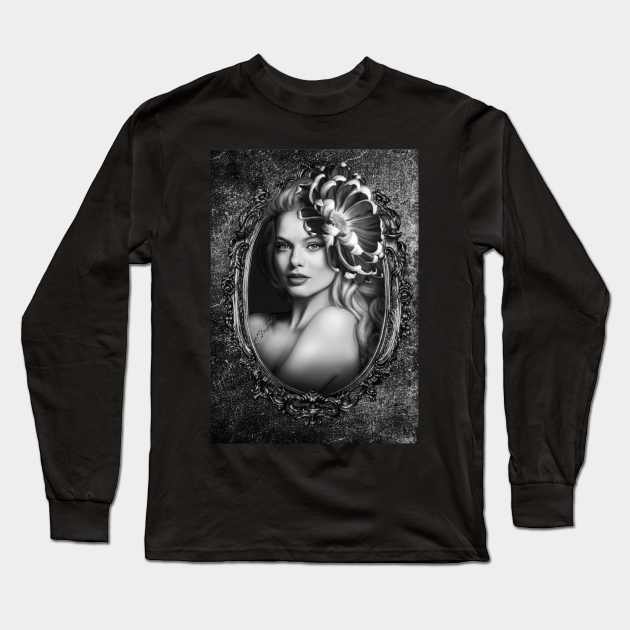 Black and white beautiful girl portrait gray flower dark lips digital artwork Long Sleeve T-Shirt by Relaxing Art Shop